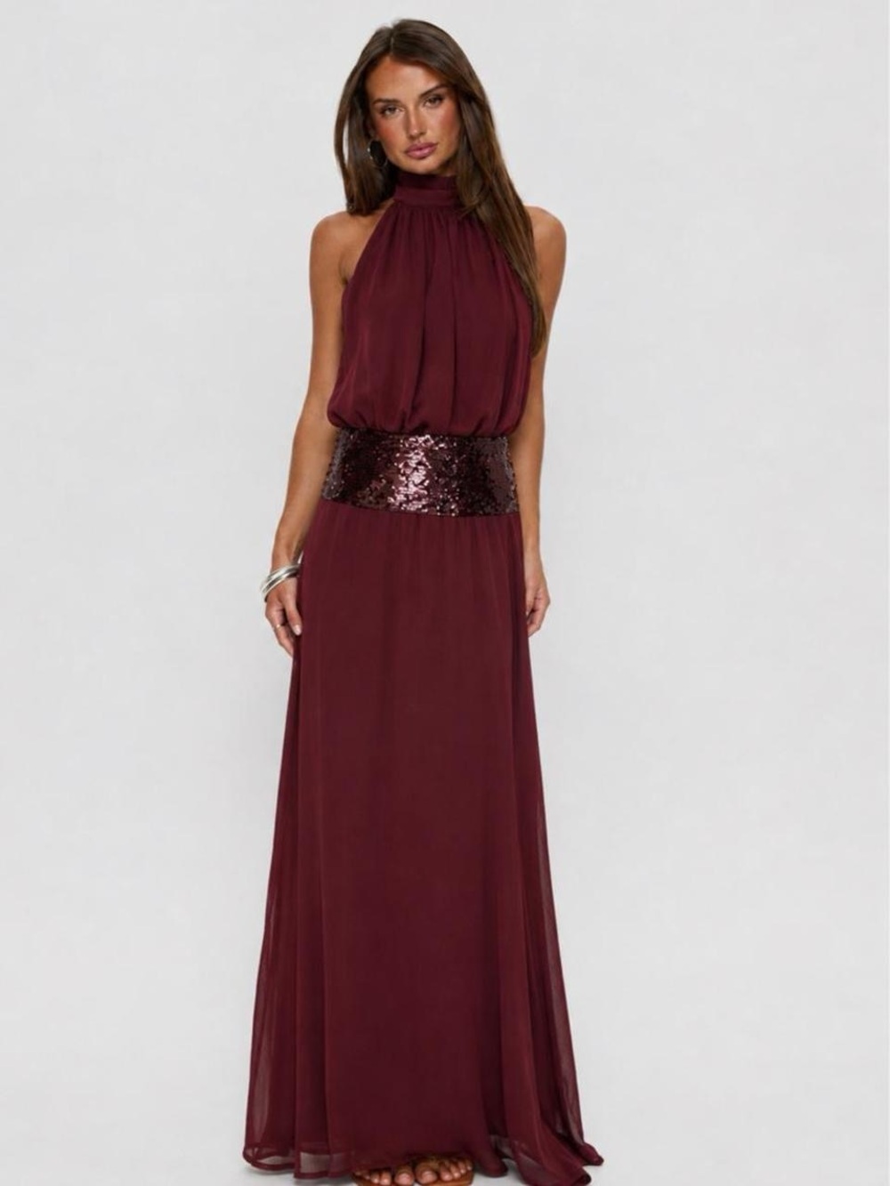 Princess Polly Burgundy Halter Maxi Dress with Sequin Waist